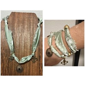 Handmade silky distressed tie on bandana charm necklace/bracelet Sage Green
